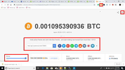 Cryptotab Browser screenshot showing that it is mining bitcoin at 100 H/s at a click of a button