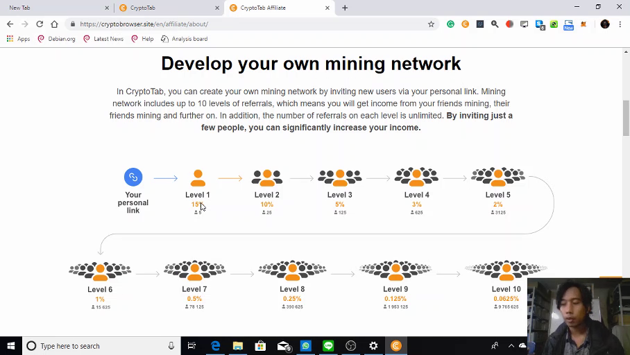 Cryptotab Browser screenshot of multi-level referral system from their page, basically like the explanation above.