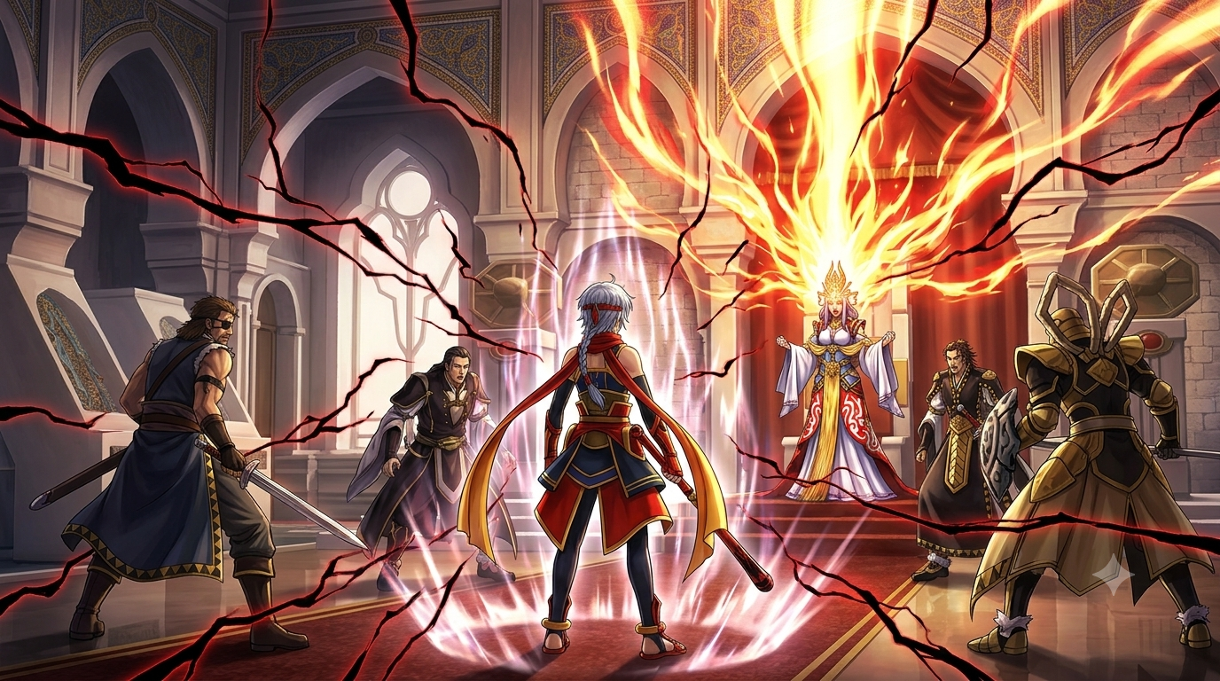 A wide-shot, cinematic epic high-fantasy anime illustration of a tense confrontation inside an opulent, grandiose palace throne room. In the center, a young Prince with silver hair, a red headband, and a blue, gold, and red outfit stands facing outward, unleashing a dominating aura. His aura is visualized as intense spatial distortions and multiple crackling small lightning bolts in a mixture of black and dark red colors stretching across the room. Behind him near the royal throne, Queen Arshtat, wearing elaborate flowing white, blue, and red regal robes and an intricate headdress, is going berserk, the Sun Rune on her forehead glowing with a blinding, chaotic, searing golden-crimson light. Also present in the wide shot are Commander Ferid in dark robes with gold trim, a rugged swordsman with an eyepatch named George, and heavily armored knight Galleon bracing against the sun rune glowing light and pressure. 8k resolution, highly detailed, dramatic lighting, vivid contrast, masterpiece.